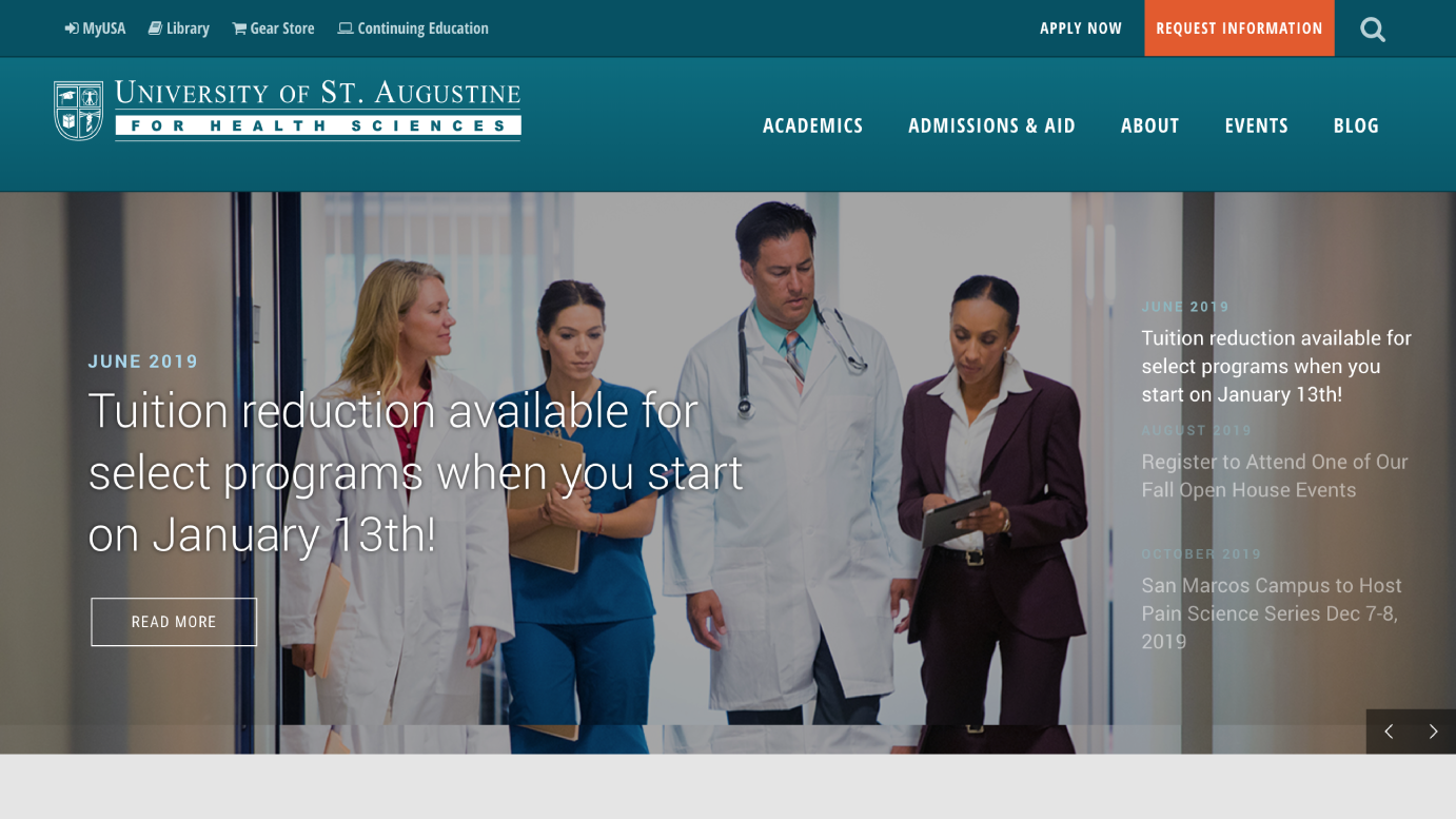 Screenshot of the University of St. Augustine website